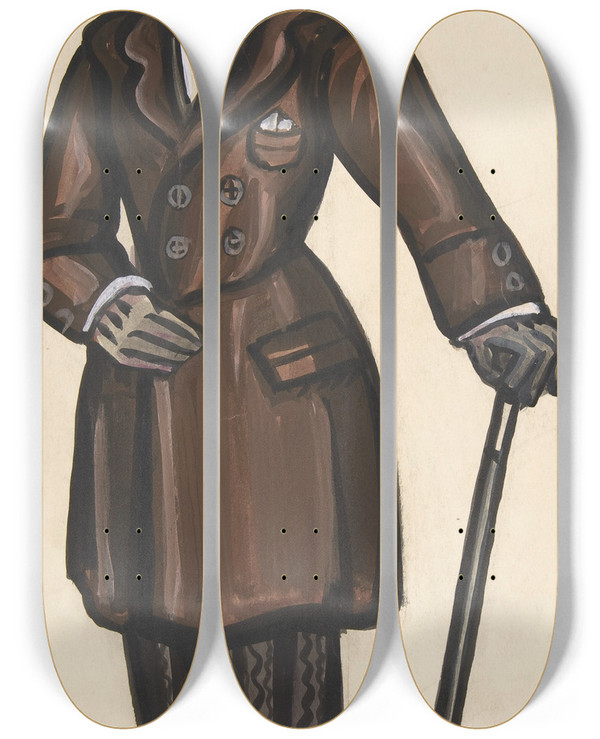 Triptych art skateboard deck of Sergey Yurievich Sudeikin Man Wearing A Brown Overcoat Cane And Pincenez by Sergey Yurievich Sudeikin (1882-1946)