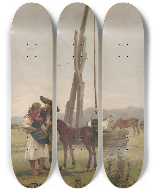 Triptych art skateboard deck of Jaroslav Vn Pri Studni by Jaroslav Vesin (1860-1915)