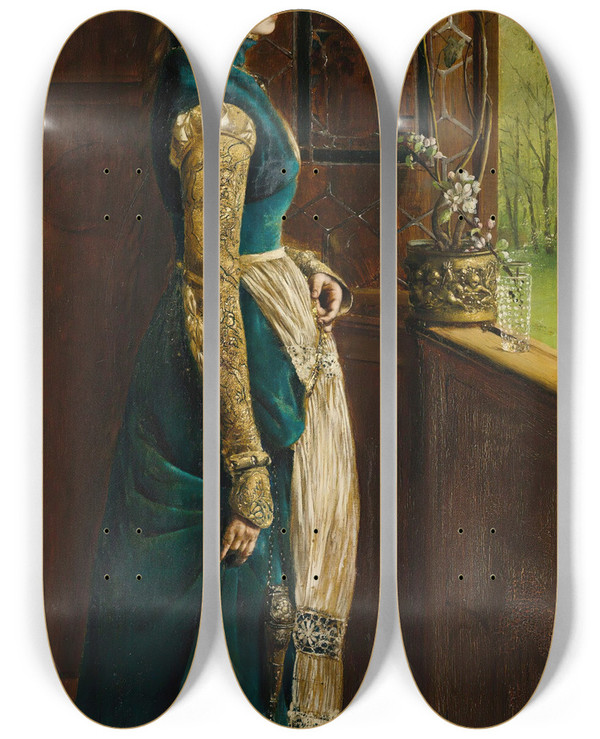 Triptych art skateboard deck of Gabriel Schachinger Through The Window Fondly Looking by Gabriel Schachinger (1850-1912)