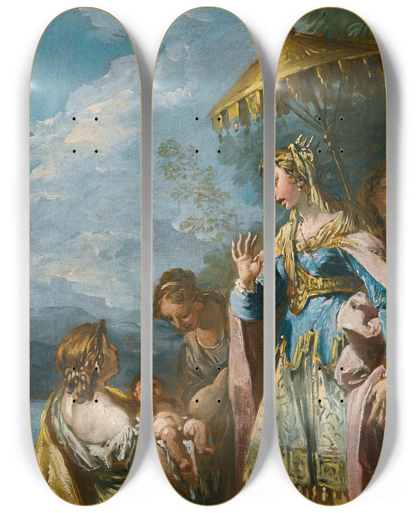 Triptych art skateboard deck of Gaspare Diziani The Finding Of Moses by Gaspare Diziani (1689-1767)