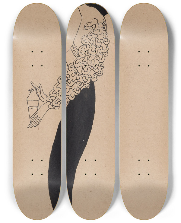 Triptych art skateboard deck of William James Glackens Portrait Of Janet Braguin In The Style Of Aubreybeardsley by William James Glackens (1870-1938)