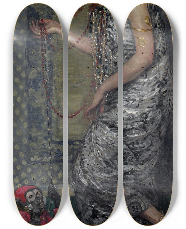 Triptych art skateboard deck of Janis Rozentls The Princess And The Monkey by Janis Rozentals (1866-1916)