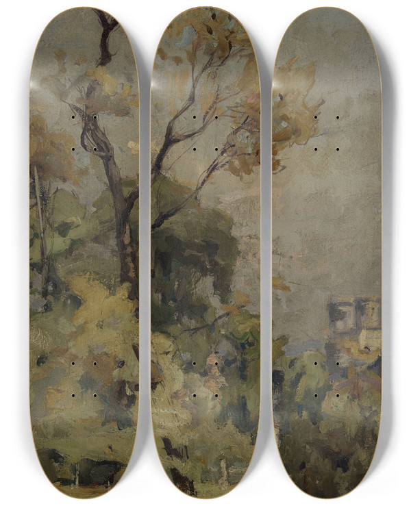 Triptych art skateboard deck of Maurice Le Lipvre Un Coin Du Luxembourg by Maurice Le Liepvre (1848-1897)
