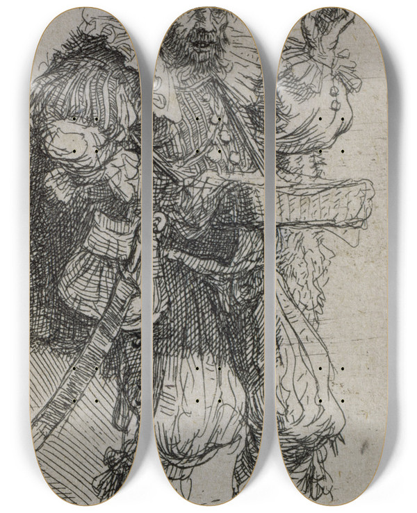 Triptych art skateboard deck of Rembrandt Van Rijn The Quacksalver by Rembrandt Van Rijn (1606-1669)
