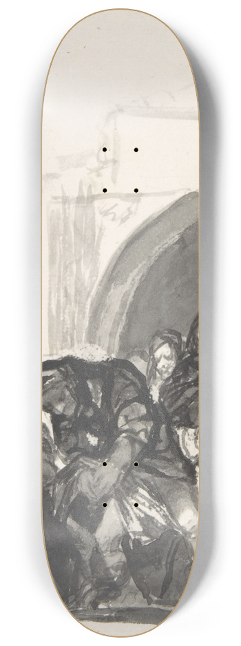 Francisco de Goya - Nothing is Known of This ; two figures picking up a body in front of a church, a monk singing next to them and another in the background 8.25 inch art skate deck