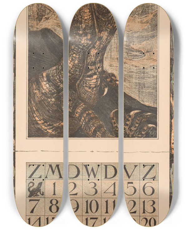 Triptych art skateboard deck of Theo Van Hoytema Kalenderblad Oktober Met Leguaan by Theo Van Hoytema (1863-1917)