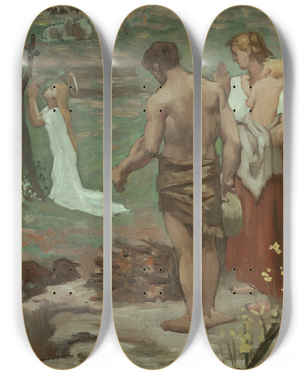 Triptych art skateboard deck of Pierre Puvis De Chavannes Sainte Genevive Enfant En Prire by Pierre Puvis De Chavannes (1824-1898)