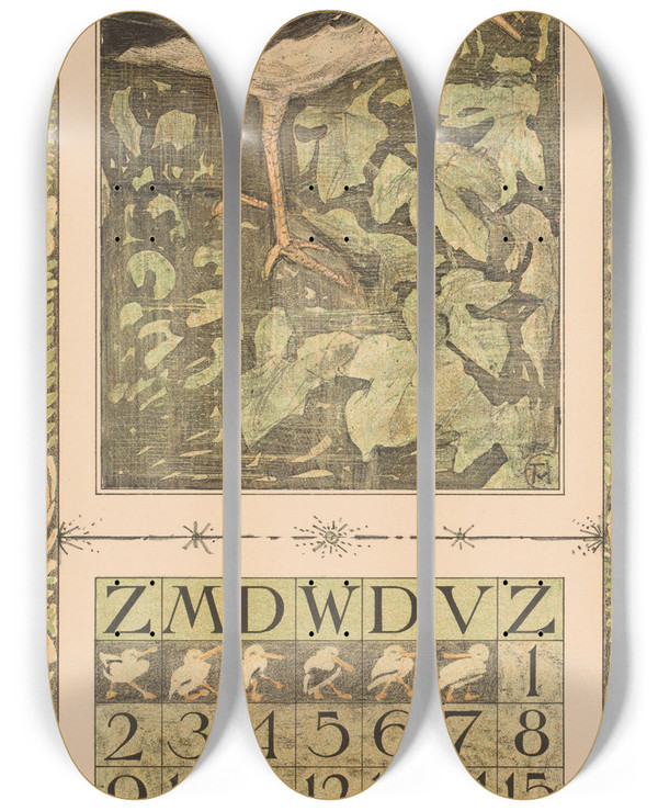 Triptych art skateboard deck of Theo Van Hoytema Kalenderblad September Met Scholekster by Theo Van Hoytema (1863-1917)