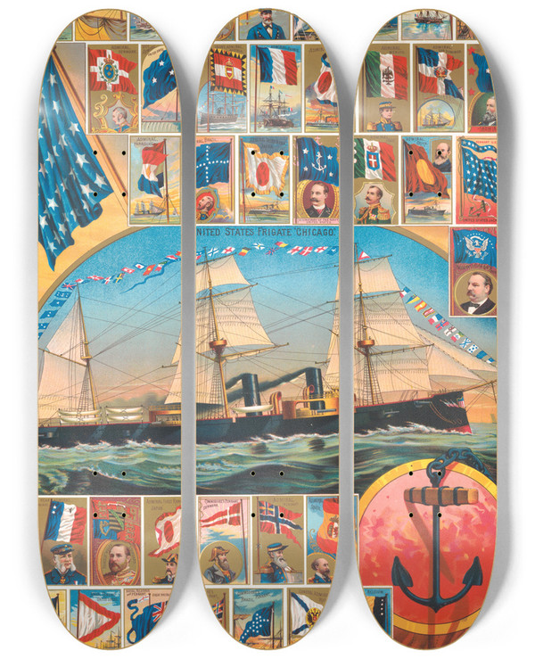 Triptych art skateboard deck of Geo S Harris Sons Allen Ginter Naval Flags Richmond Straight Cut No 1 And Virginia Brights Cigarettes by Geo S Harris Sons (19-20-)