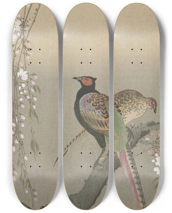 Triptych art skateboard deck of Ohara Koson Pair Of Pheasants And Cherry Blossom by Ohara Koson (1877-1945)