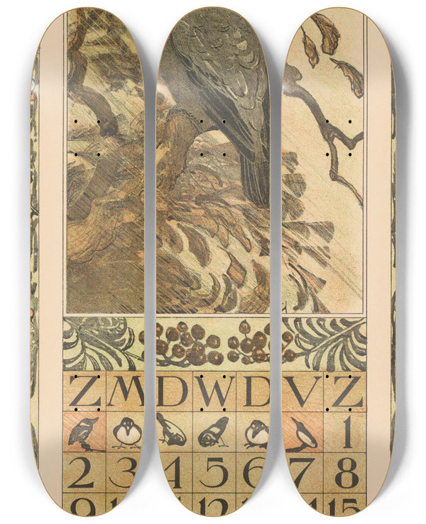Triptych art skateboard deck of Theo Van Hoytema Kalenderblad Oktober Met Bonte Kraai by Theo Van Hoytema (1863-1917)