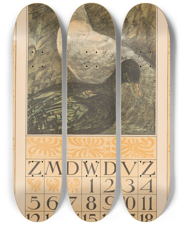 Triptych art skateboard deck of Theo Van Hoytema Kalenderblad September Met Twee Staande Eenden by Theo Van Hoytema (1863-1917)
