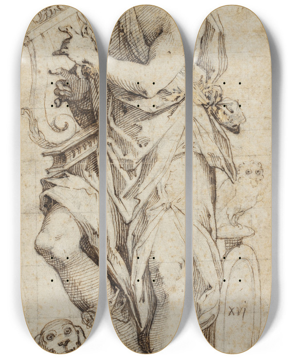 Triptych art skateboard deck of Giovanni Battista Trotti David Med Harpe by Giovanni Battista Trotti (1555-1612)