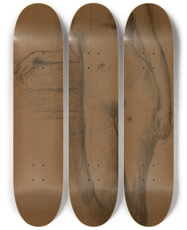 Triptych art skateboard deck of Pierre Puvis De Chavannes Femme Nue Debout De Face Coude Et Avantbras Droit Appuys by Pierre Puvis De Chavannes (1824-1898)