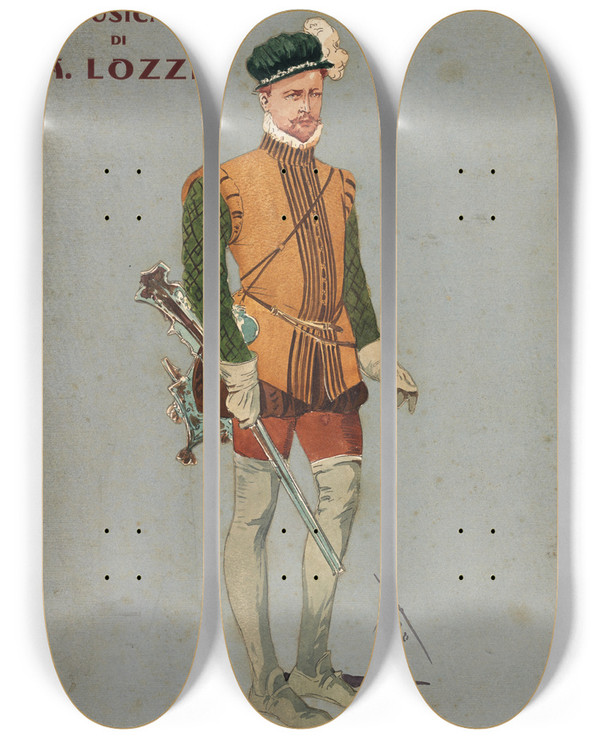 Triptych art skateboard deck of Pipein Gamba Gentiluomo Cacciatore Corista_1 by Pipein Gamba (1868-1954)