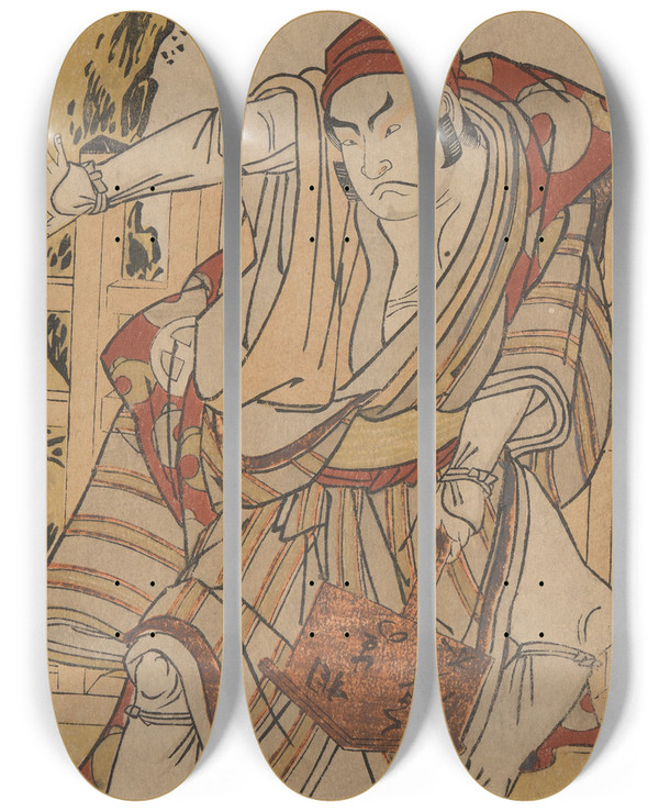 Triptych art skateboard deck of Katsukawa Shunk Actor Otoni Hiroje As Pilgrim With Post by Katsukawa Shunko (1743-1812)