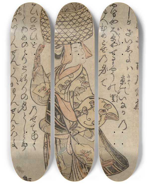 Triptych art skateboard deck of Torii Kiyohiro The Actor Ichikawa Raiz As A Merchant by Torii Kiyohiro (1750)