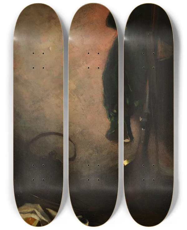 Triptych art skateboard deck of Hugo Freiherr Von Habermann Groes Stilleben Mit Gewehr by Hugo Freiherr Von Habermann (1849-1929)