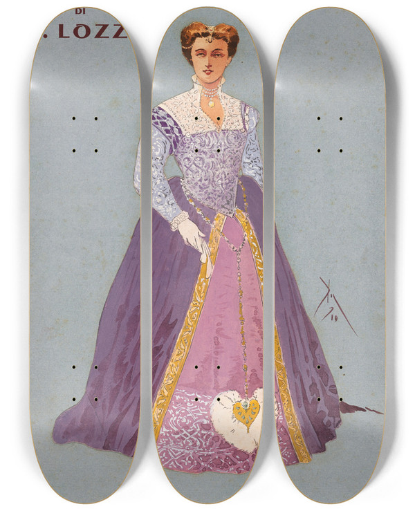 Triptych art skateboard deck of Pipein Gamba Dama Iia Comprimaria by Pipein Gamba (1868-1954)