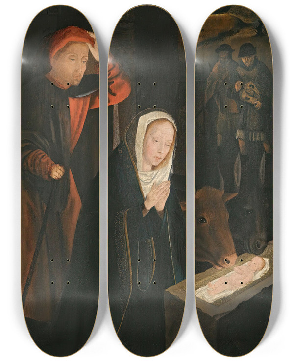 Triptych art skateboard deck of School Of Bruges The Adoration Of The Shepherds by School of Bruges