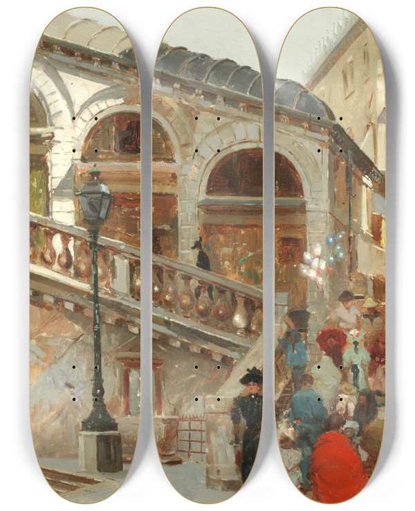 Triptych art skateboard deck of Vettore Zanettizilla Venetians At The Foot Of The Rialto Bridge by Vettore Zanetti Zilla (1864-1945)