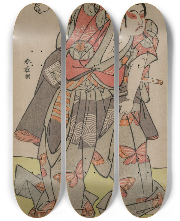 Triptych art skateboard deck of Katsukawa Shunsh Ichikawa Yaozo Ii As Soga No Goro by Katsukawa Shunsho (1726-1792)