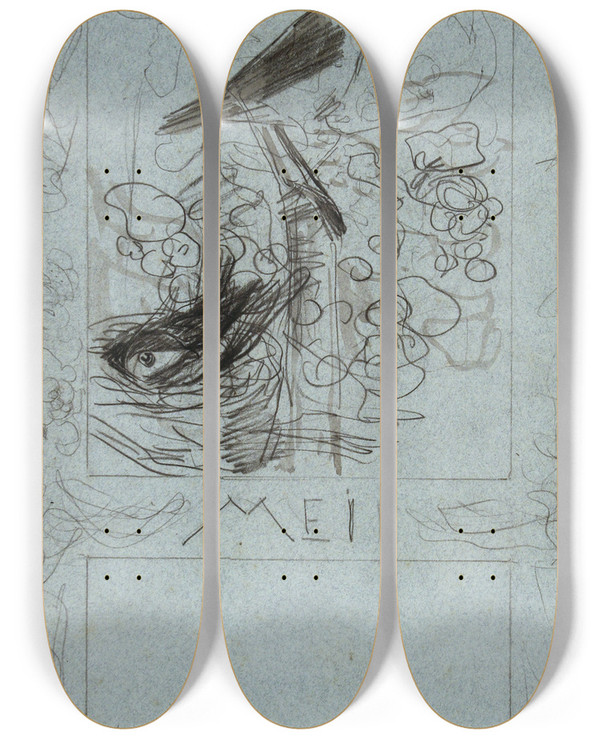 Triptych art skateboard deck of Theo Van Hoytema Broedende En Fluitende Zangvogel Mei by Theo Van Hoytema (1863-1917)