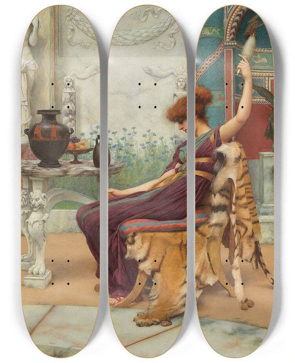 Triptych art skateboard deck of John William Godward Winding Wool In A Pompeian Garden by John William Godward (1861-1922)