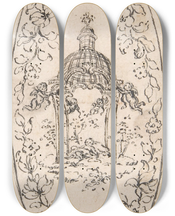 Triptych art skateboard deck of Hubertfranois Gravelot Design For A Navette by Hubert-Franois Gravelot (1699-1773)