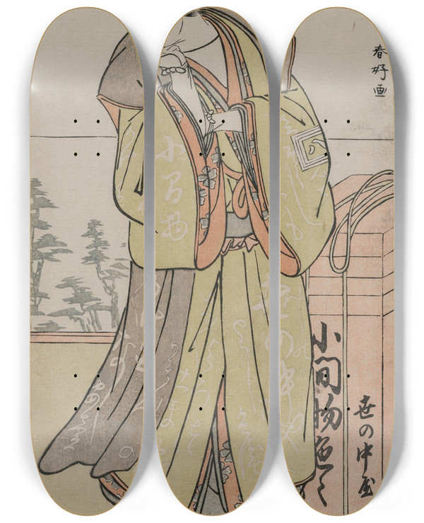 Triptych art skateboard deck of Katsukawa Shunk Ichikawa Yaozo Ii As An Itinerant Peddler by Katsukawa Shunko (1743-1812)