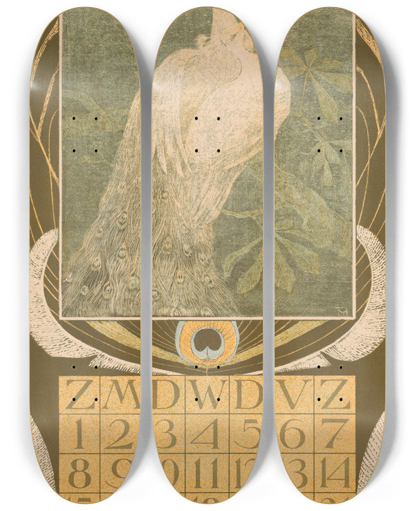 Triptych art skateboard deck of Theo Van Hoytema Kalenderblad Mei Met Twee Pauwen by Theo Van Hoytema (1863-1917)