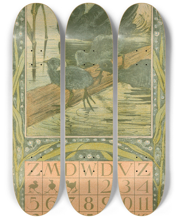 Triptych art skateboard deck of Theo Van Hoytema Kalenderblad Juni Met Zwarte Eend by Theo Van Hoytema (1863-1917)