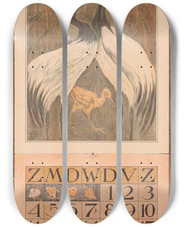 Triptych art skateboard deck of Theo Van Hoytema Kalenderblad Juni Met Twee Vogels En Een Kuiken by Theo Van Hoytema (1863-1917)