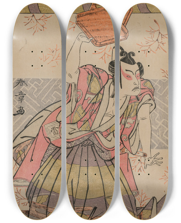 Triptych art skateboard deck of Katsukawa Shunsh The Actor Ichikawa Raizo As Soga No Goro by Katsukawa Shunsho (1726-1792)