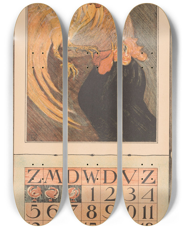 Triptych art skateboard deck of Theo Van Hoytema Kalenderblad Maart Met Twee Hanen_1 by Theo Van Hoytema (1863-1917)