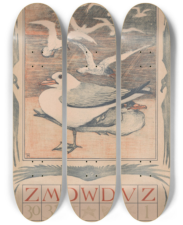Triptych art skateboard deck of Theo Van Hoytema Kalenderblad Maart Met Meeuwen by Theo Van Hoytema (1863-1917)