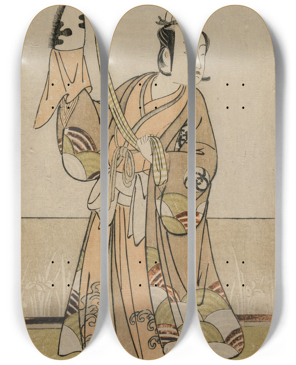Triptych art skateboard deck of Katsukawa Shunsh Bando Hikosaburo Iii Holding A Hand Pupper by Katsukawa Shunsho (1726-1792)