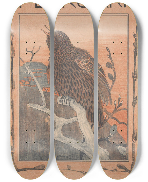 Triptych art skateboard deck of Theo Van Hoytema Kalenderblad Februari Met Spreeuw by Theo Van Hoytema (1863-1917)