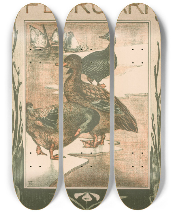 Triptych art skateboard deck of Theo Van Hoytema Kalenderblad Februari Met Eenden_1 by Theo Van Hoytema (1863-1917)