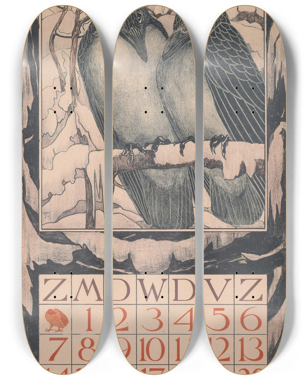 Triptych art skateboard deck of Theo Van Hoytema Kalenderblad December Met Twee Vogels by Theo Van Hoytema (1863-1917)