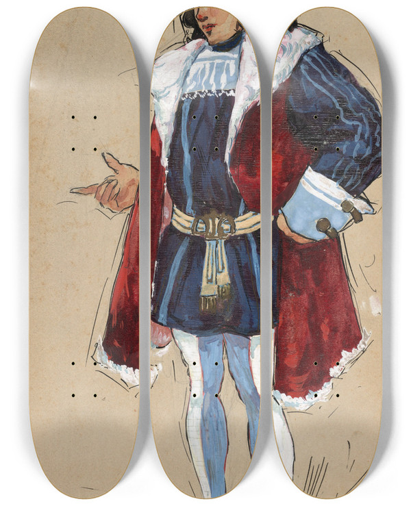 Triptych art skateboard deck of Plinio Codognato A Man Stands With A Finger Pointed Wearing A Red Hat Blue Doublet And Hose And A Red Overgarment by Plinio Codognato (1878-1940)