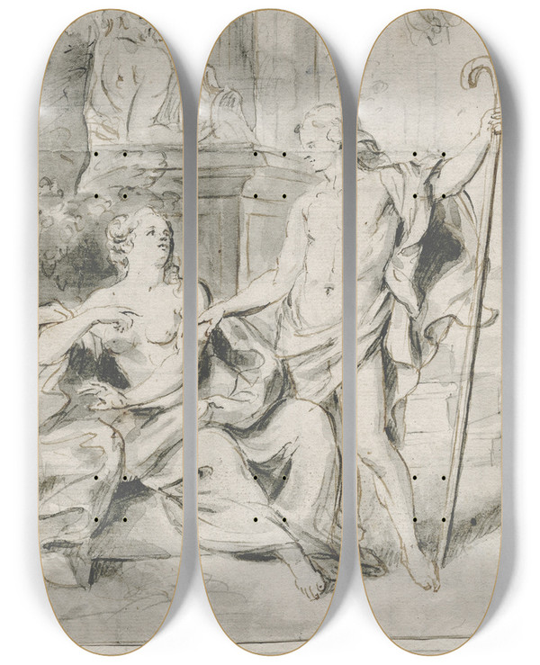Triptych art skateboard deck of Jacob De Wit Apollo Verschijnt Als Herder Voor Isse by Jacob de Wit (1695-1754)