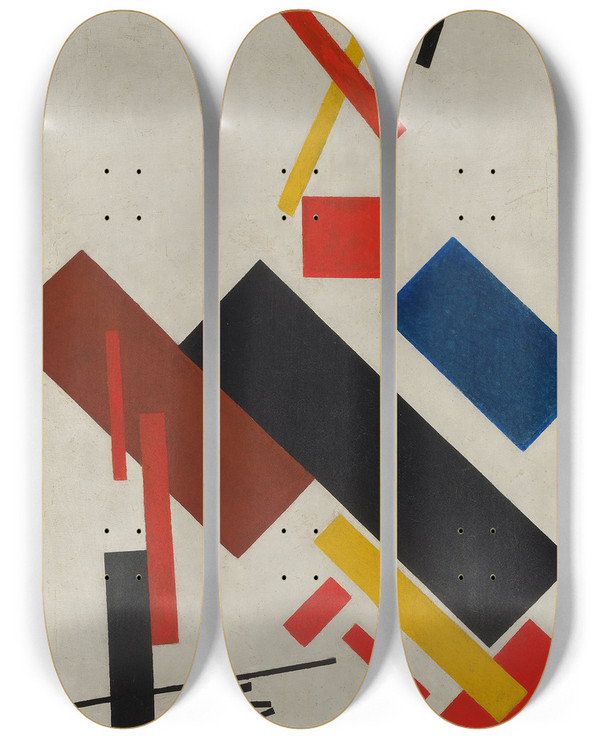 Triptych art skateboard deck of Kazimir Malevich House Under Construction by Kazimir Malevich (1879-1935)