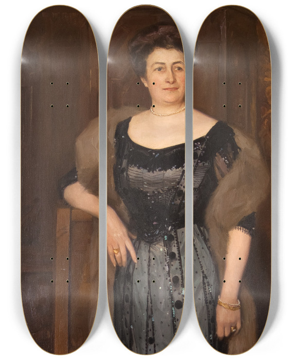 Triptych art skateboard deck of Oscar Bjrck Portrait Of Mrs Alice Thiel by Oscar Bjorck (1860-1929)