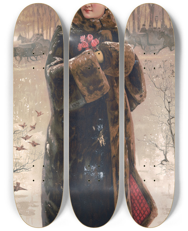 Triptych art skateboard deck of Julius Bien Woman In Fur Coat With Muff by Julius Bien (1826-1909)