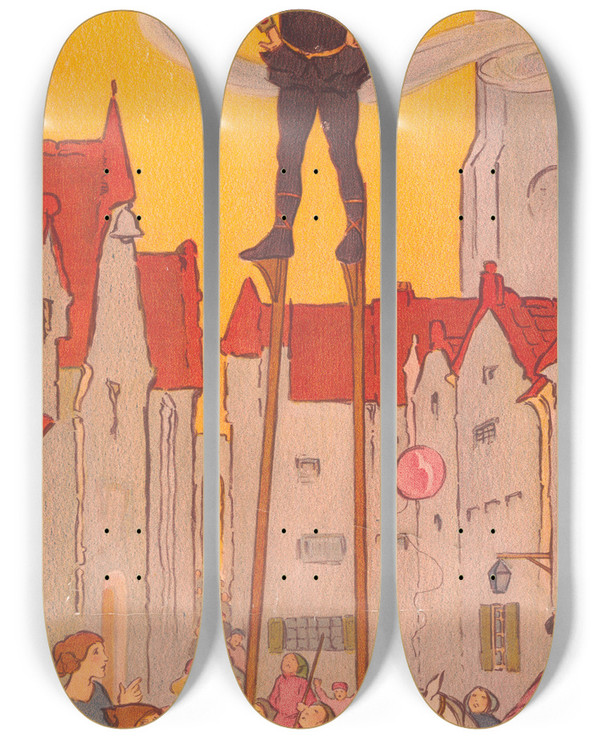 Triptych art skateboard deck of Florence Harrison Part 1 Of The Tale Of Topply Tilts by Florence Harrison (1877-1955)