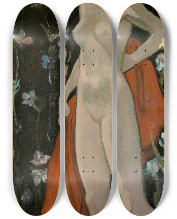 Triptych art skateboard deck of Ludwig Von Hofmann Stehender Weiblicher Akt by Ludwig Von Hofmann (1861-1945)