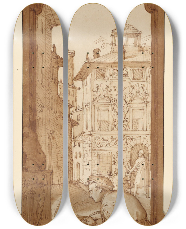 Triptych art skateboard deck of Federico Zuccaro Taddeo Drawing After The Antique In The Background Copying A Facade By Polidoro by Federico Zuccaro (1542-1609)