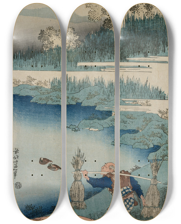 Triptych art skateboard deck of Katsushika Hokusai The Rush Gatherer From The Series A True Mirror Of Chinese And Japanese Poetry by Katsushika Hokusai (1760-1849)