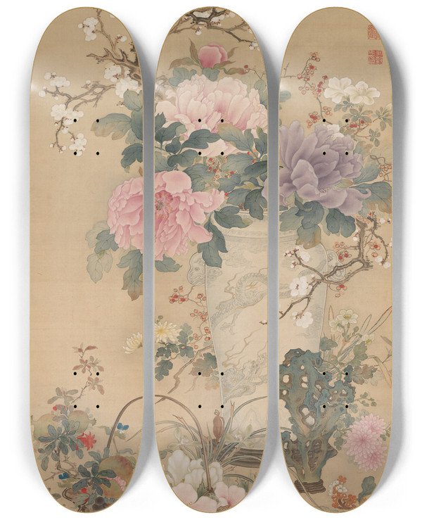Triptych art skateboard deck of Okabe Ko Vase Of Flowers With Grasshopper Marine Life And Garden Rock by Okabe Ko (19-)